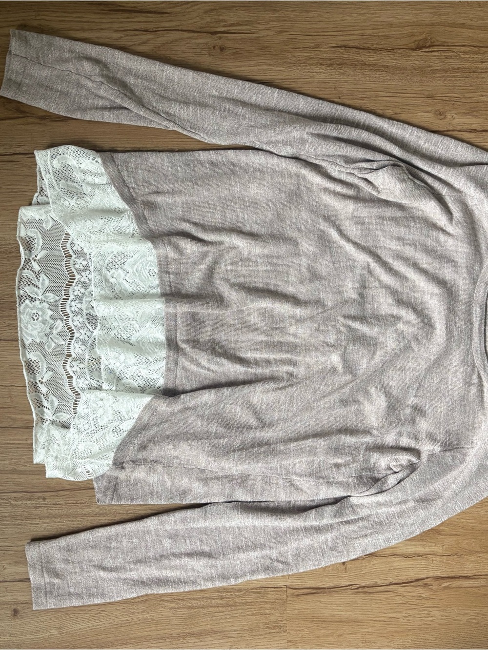 Maurices Light Taupe Knit Top with White Lace Hem